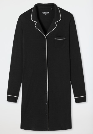 Chemise de nuit manches longues interlock patte de boutonnage passepoils noir - Contemporary Nightwear