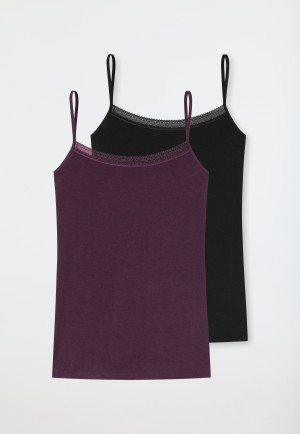 Confezione da 2 top con spalline sottili, nero/prugna - Cotton Lace