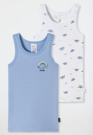 Unterhemden 2er-Pack Feinripp Organic Cotton Ratte Papierschiffe weiß/aqua - Rat Henry