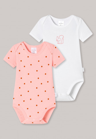 Body Bebe Manches Courtes Lot De 2 Coton Bio Cotele Pois Ecureuil Rose Blanc Natural Love Schiesser