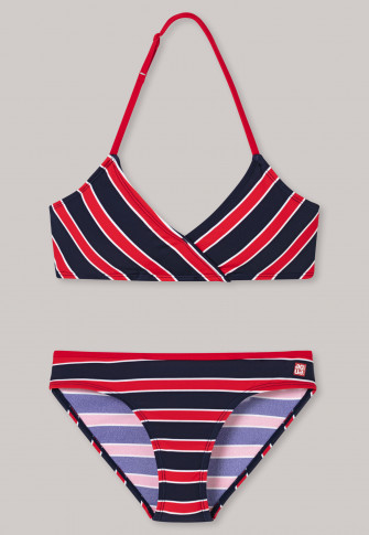 Bustino per bikini a triangolo in tessuto a maglia riciclato a strisce rosse con fattore di protezione solare 40+: Nautical Chica