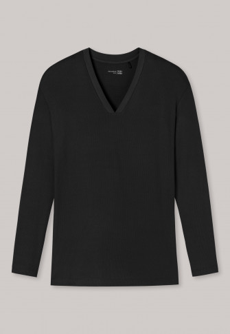 Lang shirt lang dubbelrib V-hals zwart - Mix+Relax