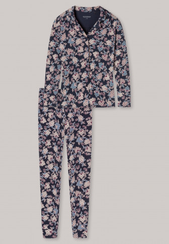 Pyjama lang Interlock Knopfleiste Blumenprint dunkelblau - Feminine Floral Comfort Fit