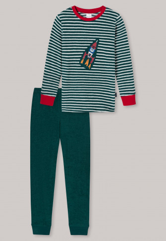 Pyjama long éponge coton bio bords-côtes rayures fusée vert foncé - Boys World