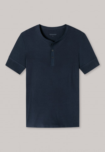 Shirt korte mouwen dubbelrib biologisch katoen knoopsluiting donkerblauw - Retro Rib