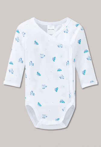 Wrapover Bodysuit Long Sleeved Fine Rib Helicopter Cars White Boys World Schiesser