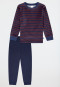 Schlafanzug lang Velour Bündchen Streifen dunkelblau - Boys World