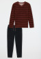 Schlafanzug lang Frottee V-Ausschnitt Ringel burgund - Casual Nightwear
