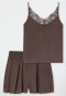 Short Pyjamas with Woven Fabric Lace Straps in Dark Brown - Modern Lace