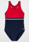 Costume da bagno in tessuto a maglia riciclato con fattore di protezione solare 40+, colour block, racerback, rosso - Nautical Chica