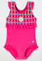 Costume da bagno in tessuto a maglia riciclato con fattore di protezione solare 40+ dotato di volant e motivo etnico con gatto, rosa - Cat Zoe