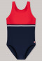 Costume da bagno in tessuto a maglia riciclato con fattore di protezione solare 40+ e racerback, rosso / blu scuro: Nautical Chica