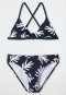 Bikini con top brassière in tessuto riciclato SPF40+ con foglie di palma all-over, blu scuro - Diver Dreams