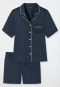 Pyjama kort katoenen geweven satijnen knoopsluiting biezen donkerblauw - selected! premium inspiration