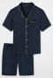 Pyjama court satin tissé patte de boutonnage passepoils bleu foncé - Cotton Satin