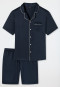 Pyjama kort geweven satijnen knoopsluiting biezen donkerblauw - Cotton Satin