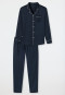 Pyjama long satin tissé patte de boutonnage passepoils bleu foncé - Cotton Satin