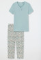 Pyjama 3/4, interlock, encolure en V, patte de boutonnage, bleu clair - Feminine Floral Comfort Fit
