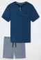 Schlafanzug kurz Feininterlock Serafino-Kragen gemustert blau - Fine Interlock