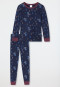 Lange pyjama, fijne rib, biologisch katoen, manchetten, winter bergwereld, donkerblauw - Rat Henry