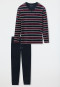 Schlafanzug lang Velour V-Ausschnitt gestreift burgund/dunkelblau - Warming Nightwear