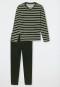 Schlafanzug lang Frottee V-Ausschnitt Streifen dunkelgrün - Warming Nightwear