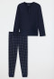 Pyjama long en interlock, poignets à bords-côtes, patte de boutonnage, à carreaux en bleu nuit - Fine Interlock