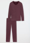 Schlafanzug lang Modal V-Ausschnitt gestreift burgund - Long Life Soft
