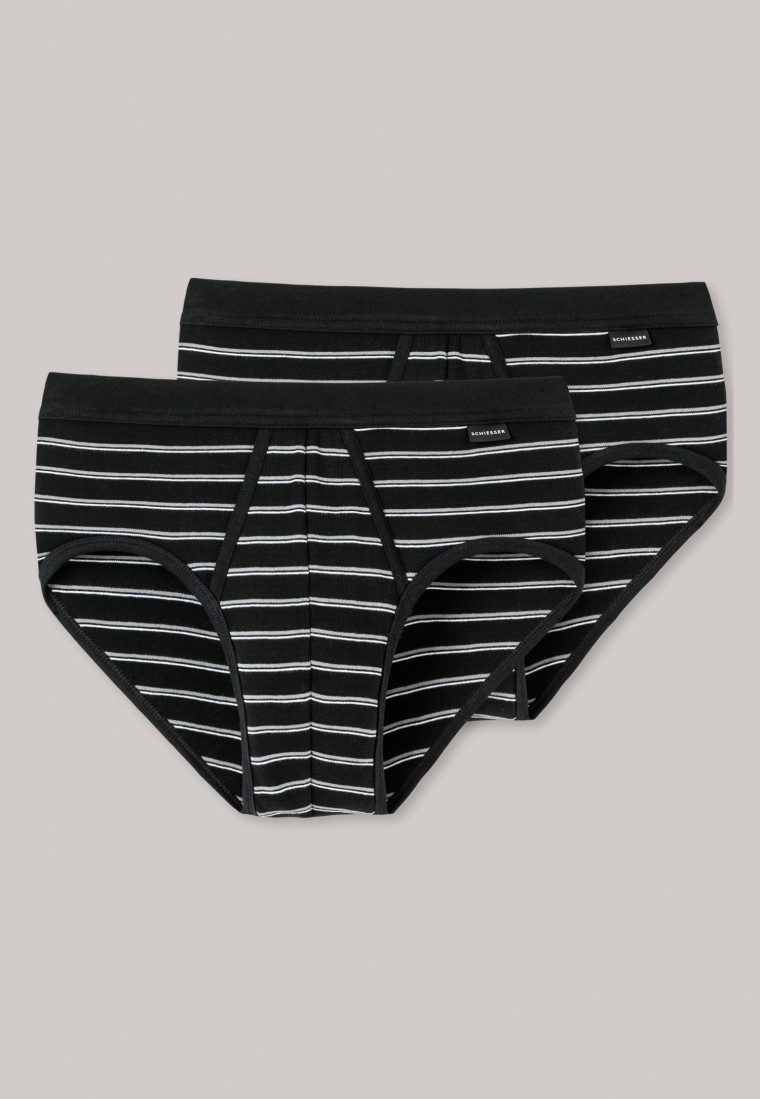 Sports briefs fine rib double pack with fly-front black striped - Original Classics
