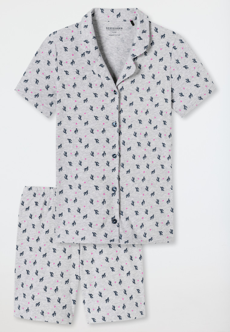 Pyjama kurz Organic Cotton Knopfleiste Kakteen grau-meliert - Pyjama Story