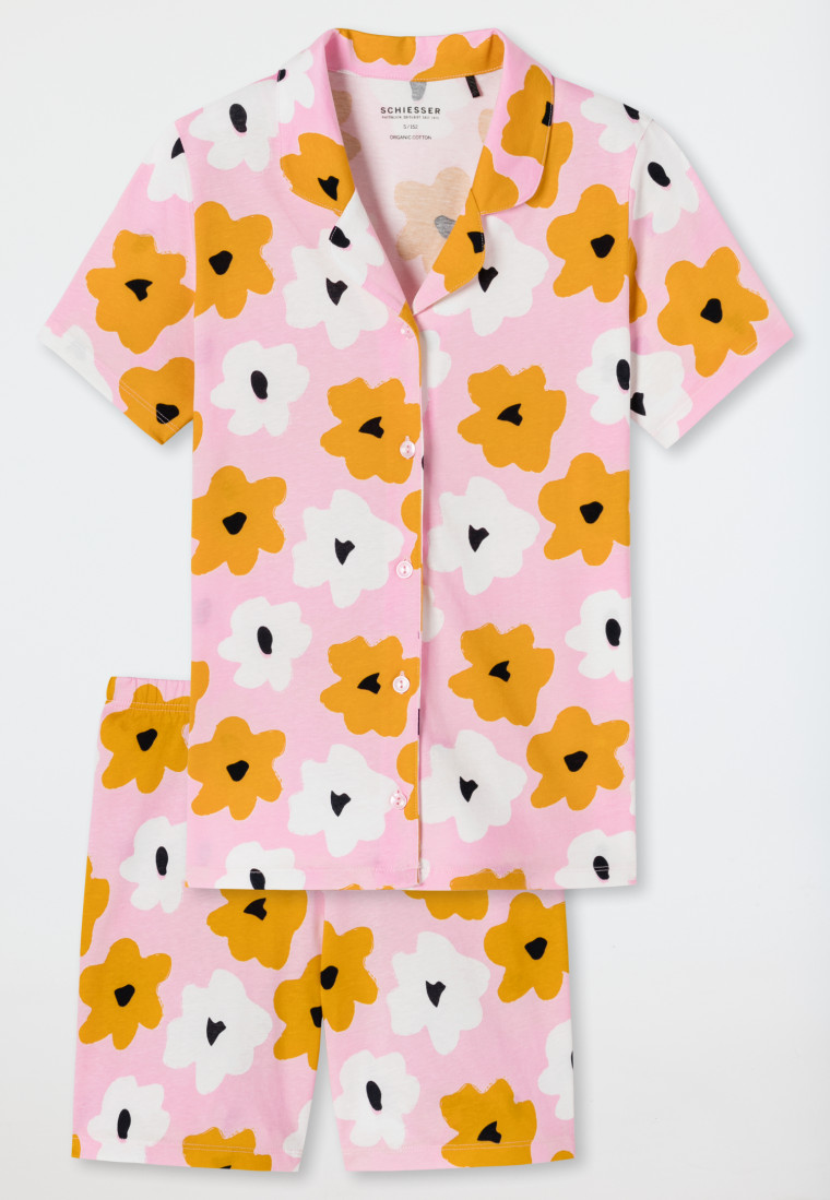 Pigiama corto in cotone biologico con bottoniera, motivo di fiori, rosa - Pyjama Story