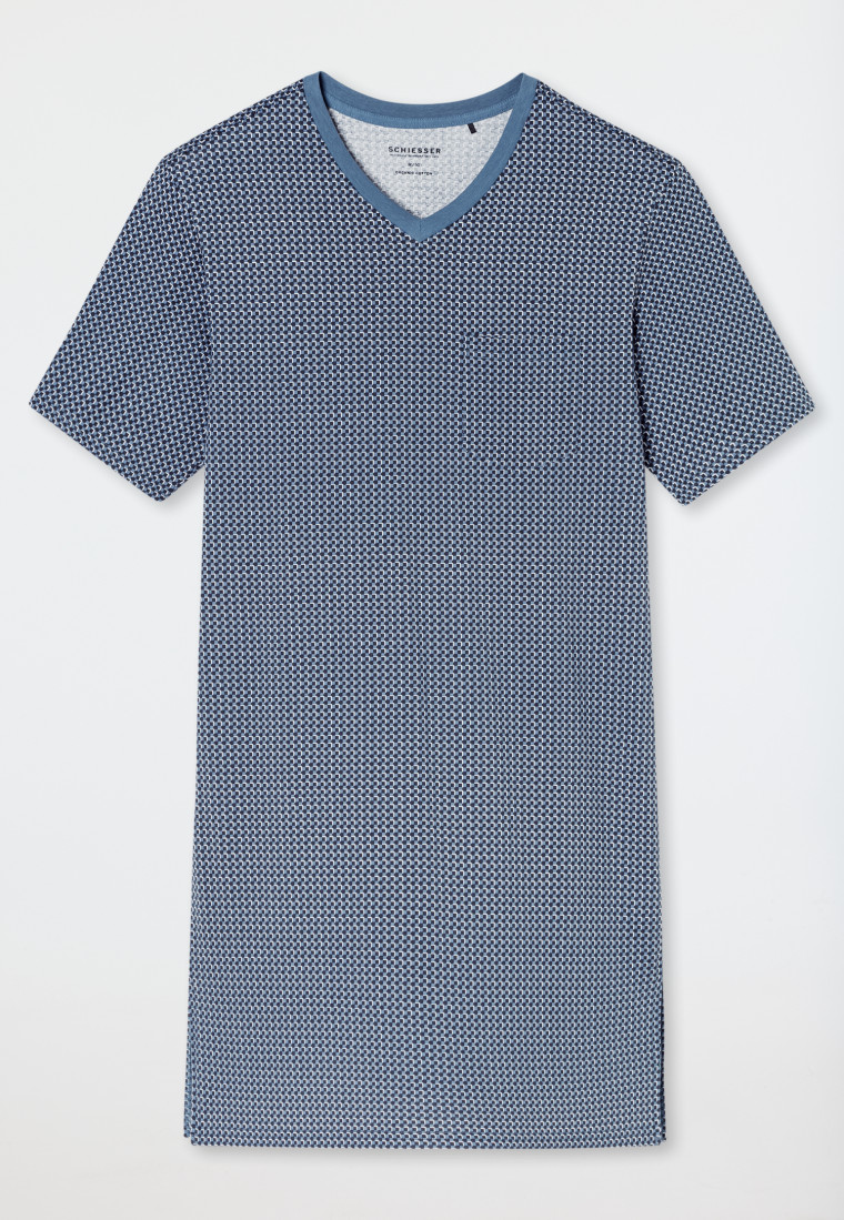 Nachthemd korte mouw Organic Cotton V-hals borstzak grafiet geruit - Comfort Nightwear