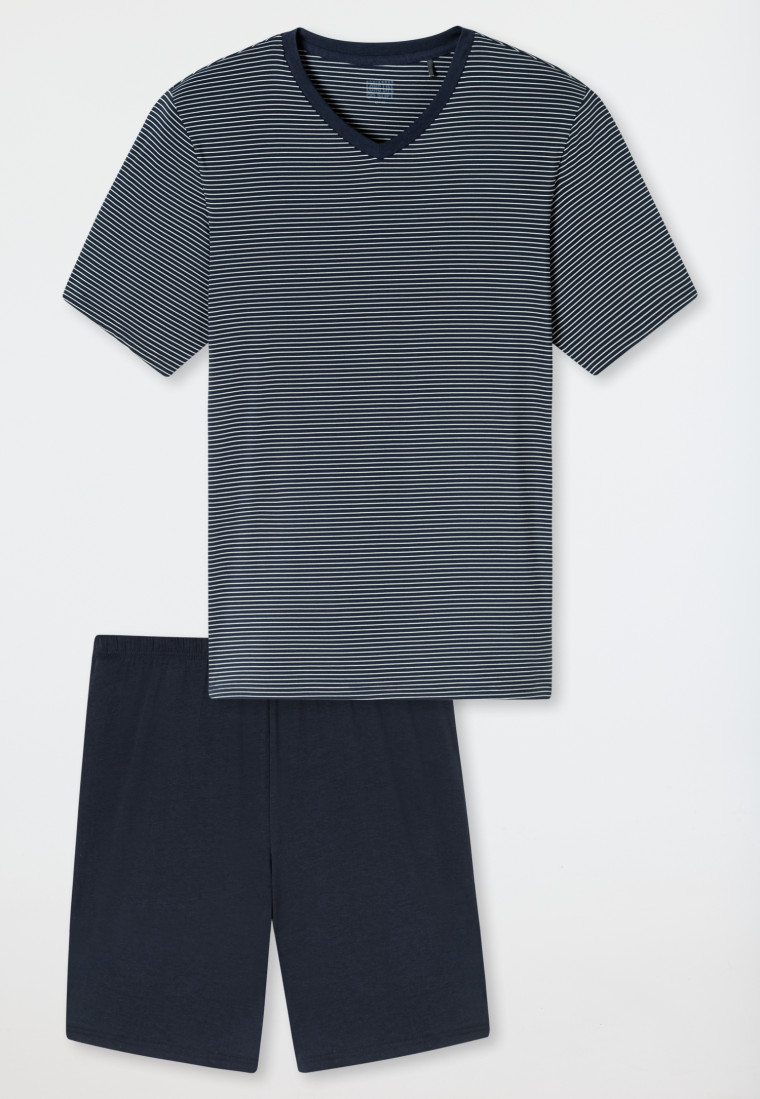 Pyjama korte modal v-hals strepen navy - Long Life Soft