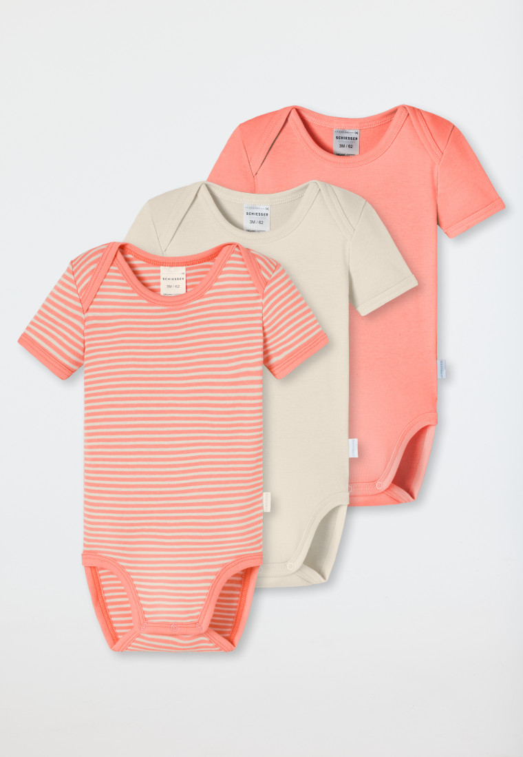 Korte mouw romper 3 set van 3 fijne rib streepjes meerkleurig - Natural Love
