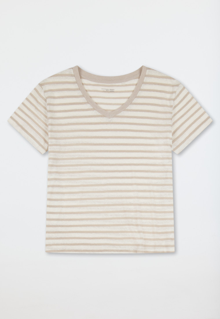 Shirt korte mouw linnen biokatoen strepen off-white - Mix+ Relax