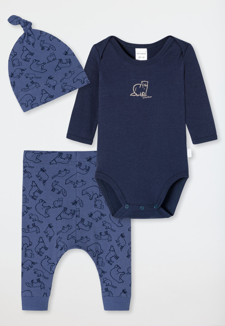 3-piece baby set fine rib organic cotton long-sleeved onesie pants hat forest animals dark blue/blue - Natural Love