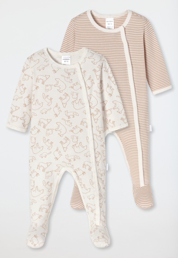 Baby sleepsuit long with feet unisex 2-pack fine rib organic cotton stripes forest animals off-white - Natural Love