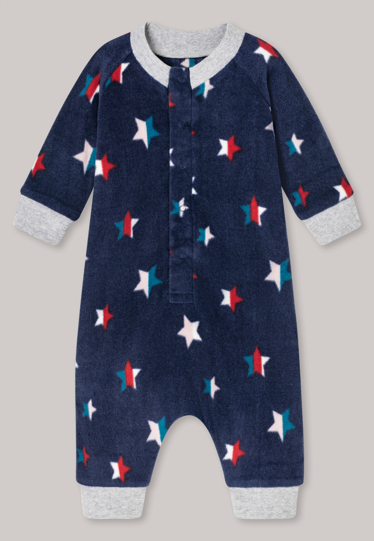 Tuta lunga per bebè in pile con polsini, abbottonatura e motivo con stelle di colore blu scuro - Baby Unisex