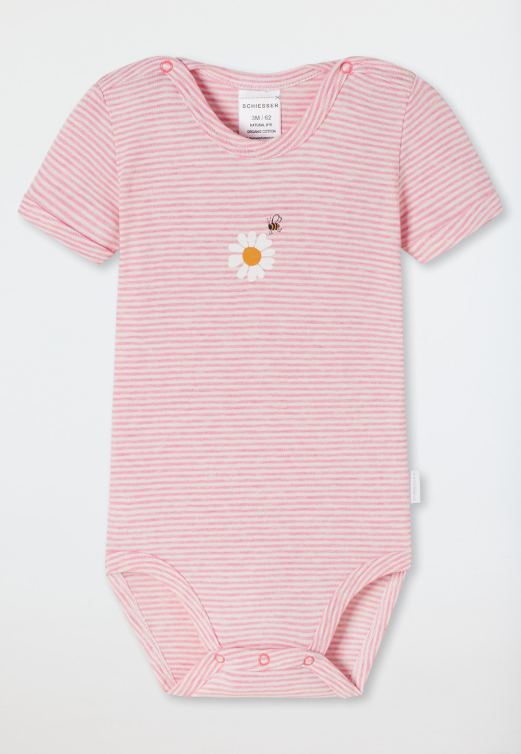 Baby onesie short-sleeved bamboo stripes flower pink - Natural Love