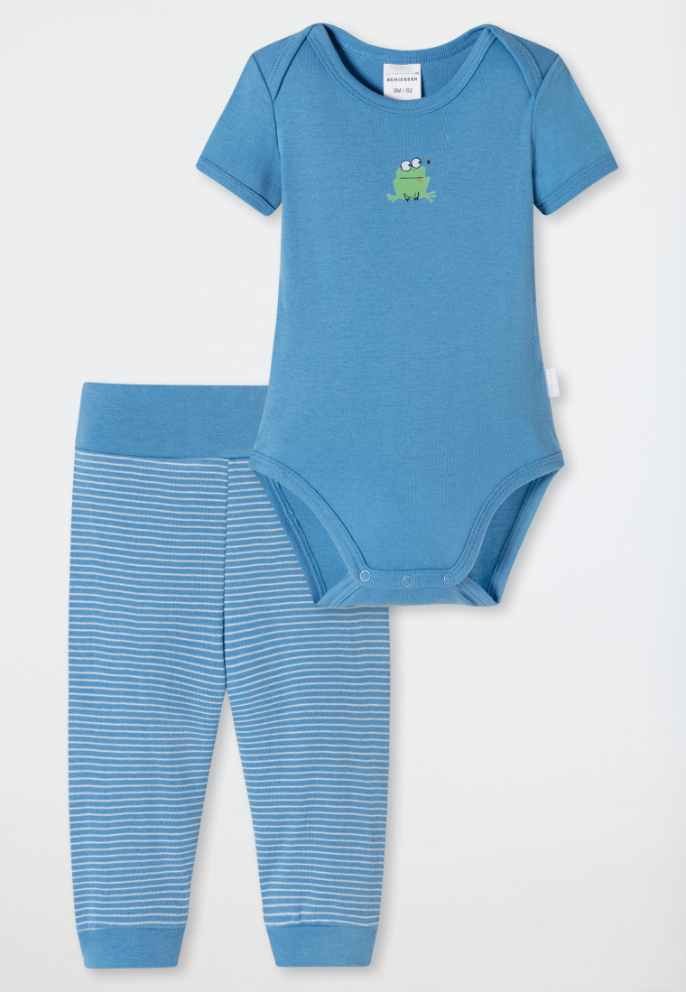 Babyhug Half Drop Shoulder Sleeves Top & Denim Shorts Set with Tropical Theme Print - Pink & Blue