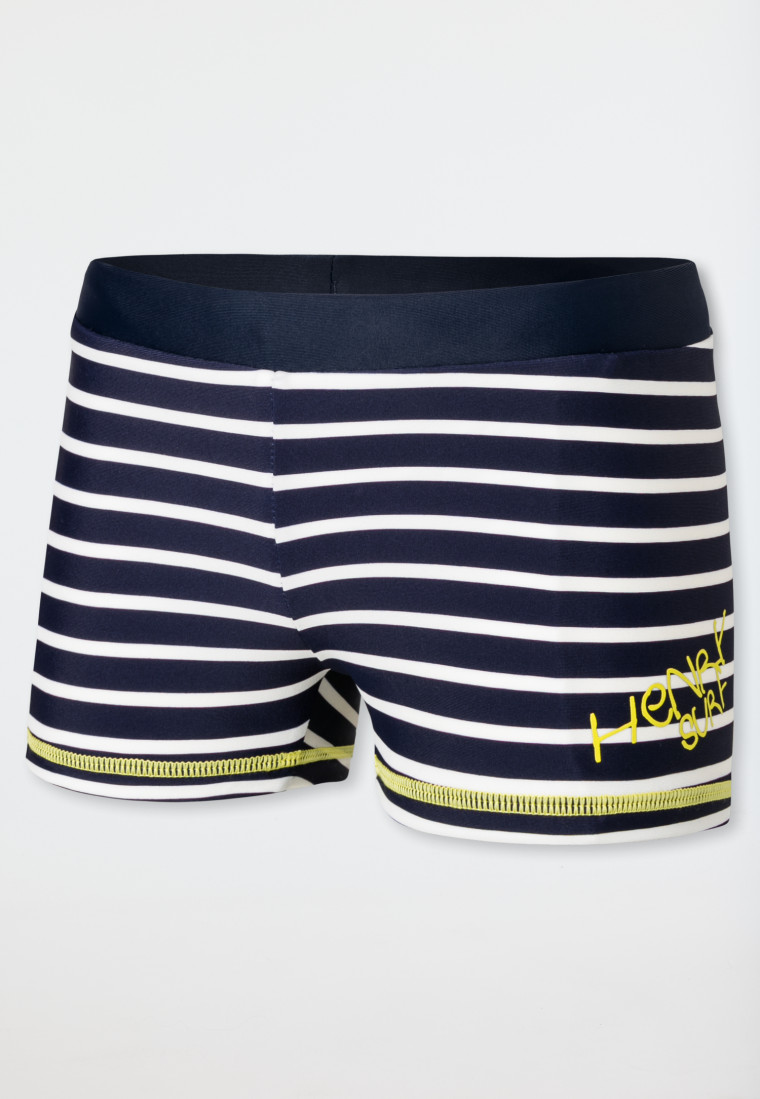 Retro swim shorts knitwear recycled SPF40+ stripes lettering dark blue patterned - Rat Henry