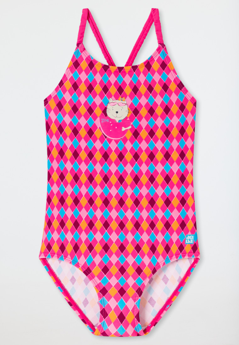 Costume da bagno in tessuto a maglia riciclato con fattore di protezione solare 40+, motivo etnico con gatto e anguria multicolore - Cat Zoe
