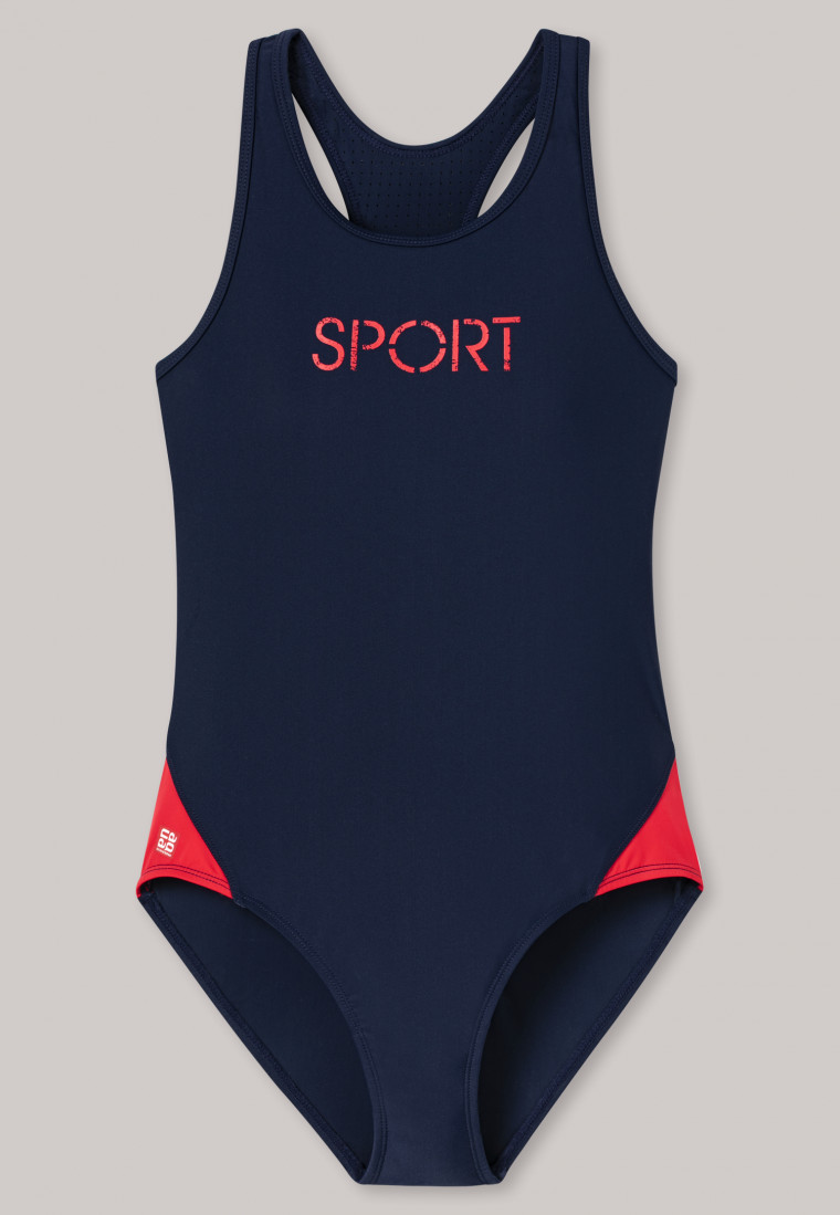 Badpak tricot gerecycled SPF40 + racerback sport donkerblauw - Nautical Chica
