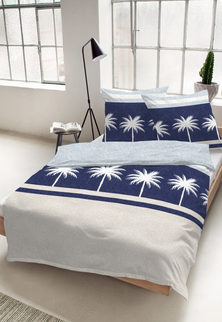 Beddengoed 2-delig satijn palmbomen met marineblauw met patroon - SCHIESSER Home