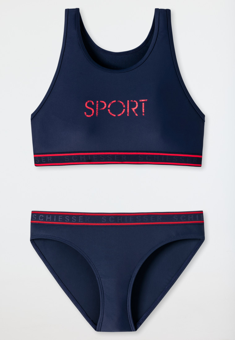 Bustier bikini gerecycled gebreide stof SPF40+, racerback schoolsport donkerblauw - Nautical Chica