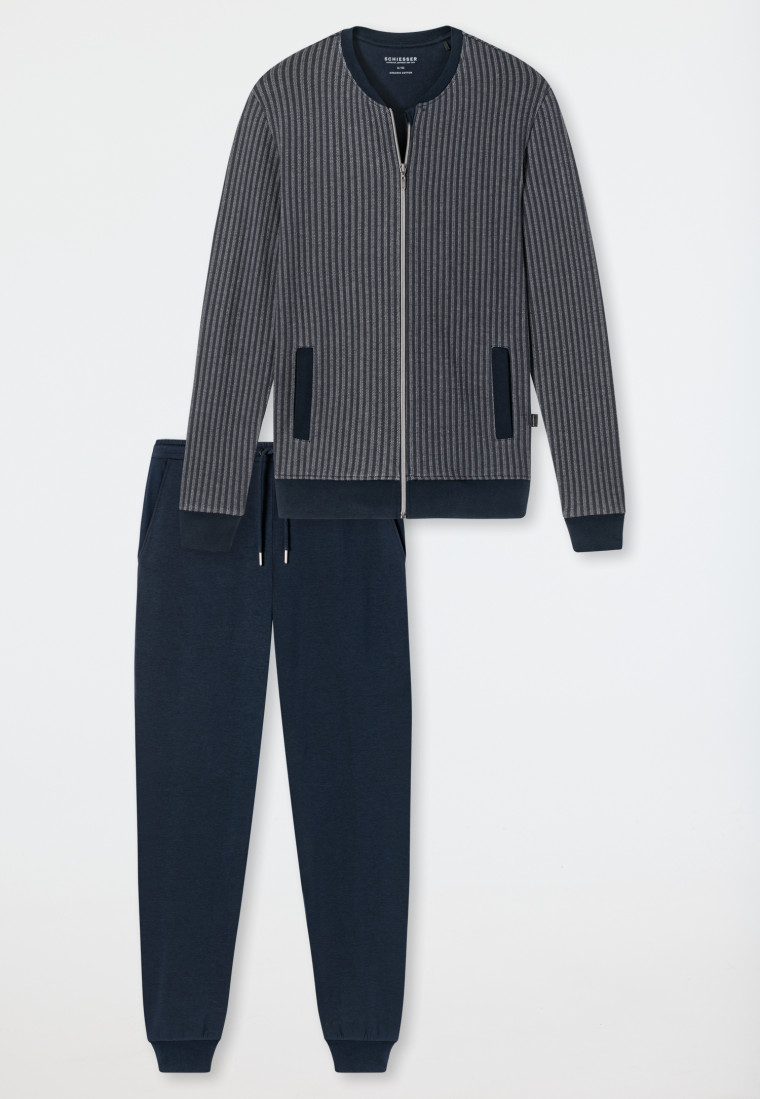 Leisure suit Tencel stand-up collar zipper cuffs herringbone pattern dark blue - Sleep+Lounge