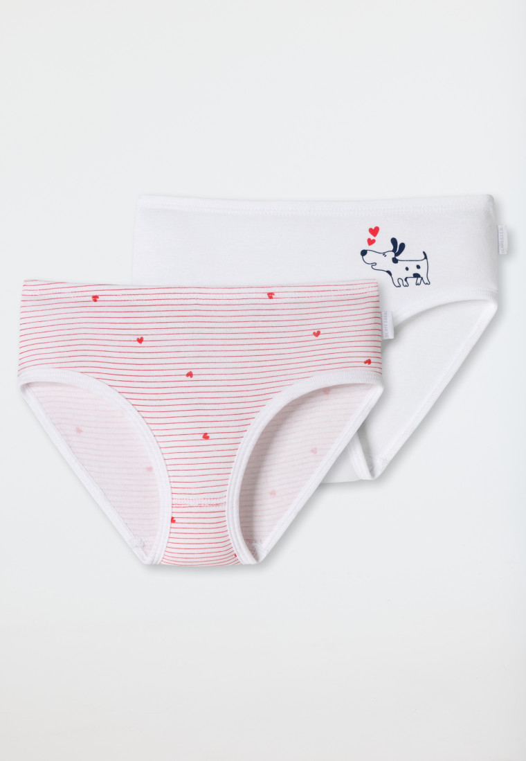Hipsters 2-pack fine rib organic cotton soft waistband stripes dog hearts white/red - Girls World