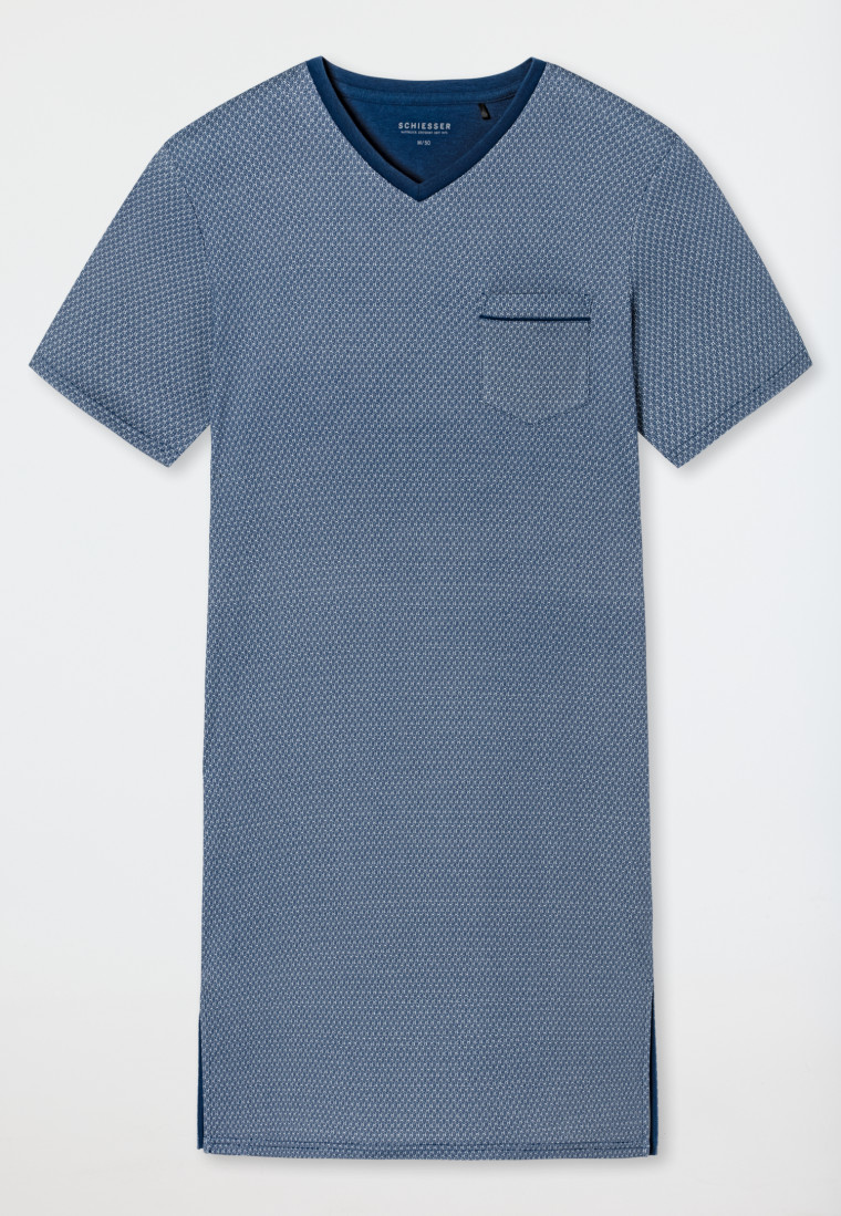 Kort nachthemd, V-hals met blauw patroon - fijne Interlock