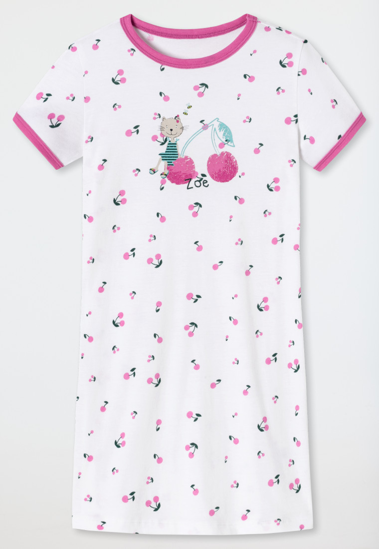 Short-sleeved sleep shirt organic cotton cat cherries white - Cat Zoe