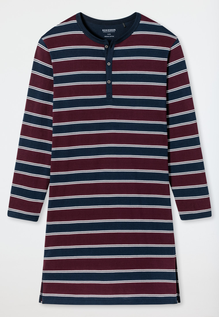 Long-sleeved sleep shirt with button placket striped burgundy/dark blue - Comfort Fit